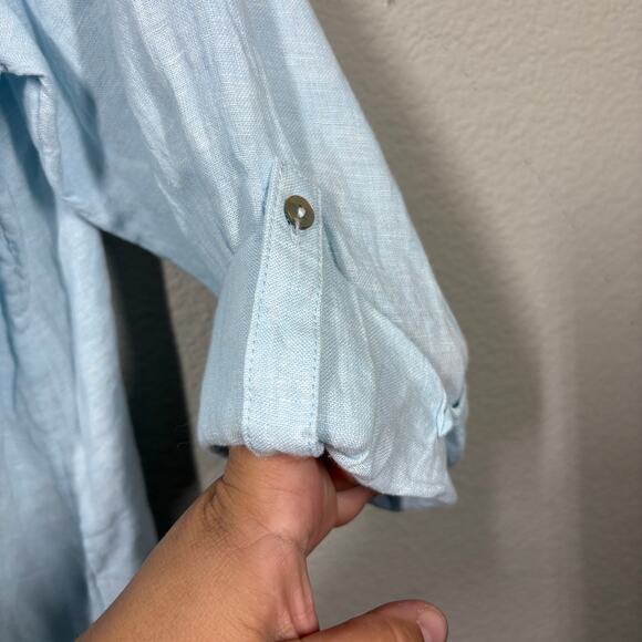 Tahari Essentials 2X Roll Tab Sleeves Linen Tunic Shirt Light Blue Button Up - Picture 6 of 9